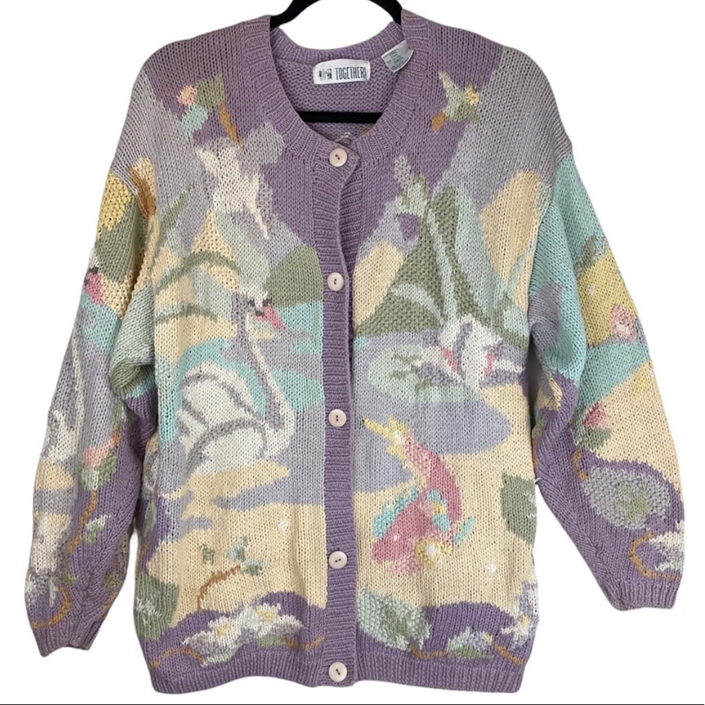 iSO Vintage 80s 90s Together! Sweater Pastel Chunky Knit Swan Art to Wear